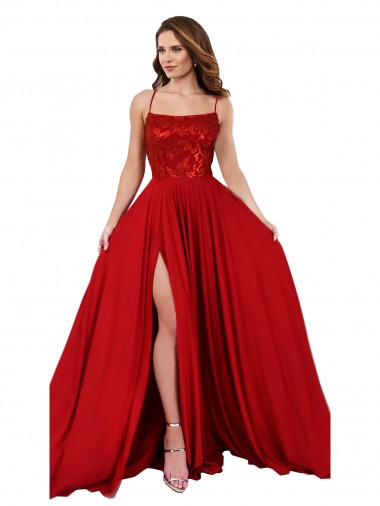 Sleeveless Square Neck Spandex & Lace Red Long Semi Formal Evening Dress / Prom Dress / Bridesmaid Dress Adelaide