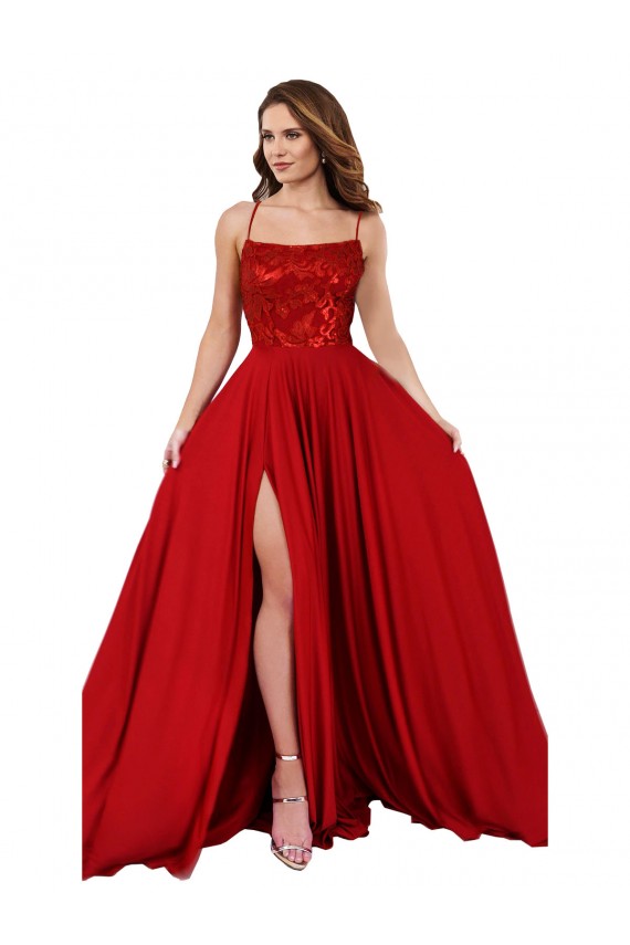 Sleeveless Square Neck Spandex & Lace Red Long Semi Formal Evening Dress / Prom Dress / Bridesmaid Dress Adelaide