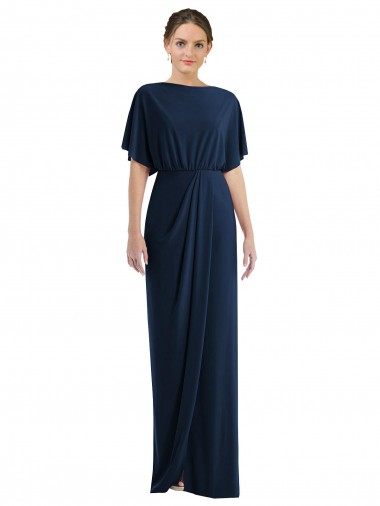 Short Sleeves Bateau Neck Spandex Dark Navy Long Semi Formal Evening Dress / Prom Dress / Bridesmaid Dress Adelaide