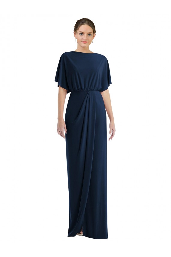 Short Sleeves Bateau Neck Spandex Dark Navy Long Semi Formal Evening Dress / Prom Dress / Bridesmaid Dress Adelaide