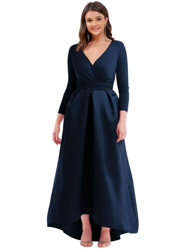 Long Sleeves V-Neck Spandex Dark Navy Long High Low Plus Size Evening Gown / Prom Dress / Bridesmaid Dress Adelaide
