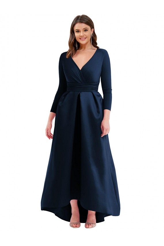 Long Sleeves V-Neck Spandex Dark Navy Long High Low Plus Size Evening Gown / Prom Dress / Bridesmaid Dress Adelaide