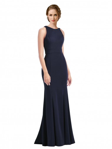 Sleeveless High Neck Stretch Crepe Dark Navy Long Black Tie Prom Dress / Bridesmaid Dress Adelaide