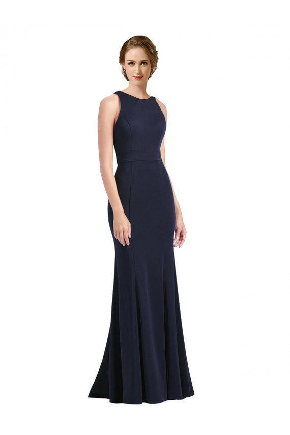 Sleeveless High Neck Stretch Crepe Dark Navy Long Black Tie Prom Dress / Bridesmaid Dress Adelaide
