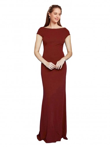Cap Sleeves Round Neck Stretch Crepe Burgundy Long Formal Evening Gown / Prom Dress / Bridesmaid Dress Adelaide