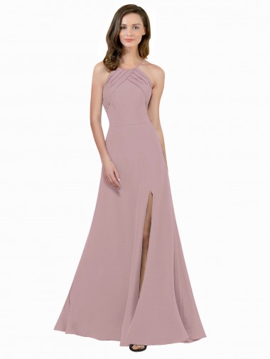 Sleeveless High Neck Stretch Crepe Dusty Pink A-Line Long Prom Dress / Bridesmaid Dress Adelaide