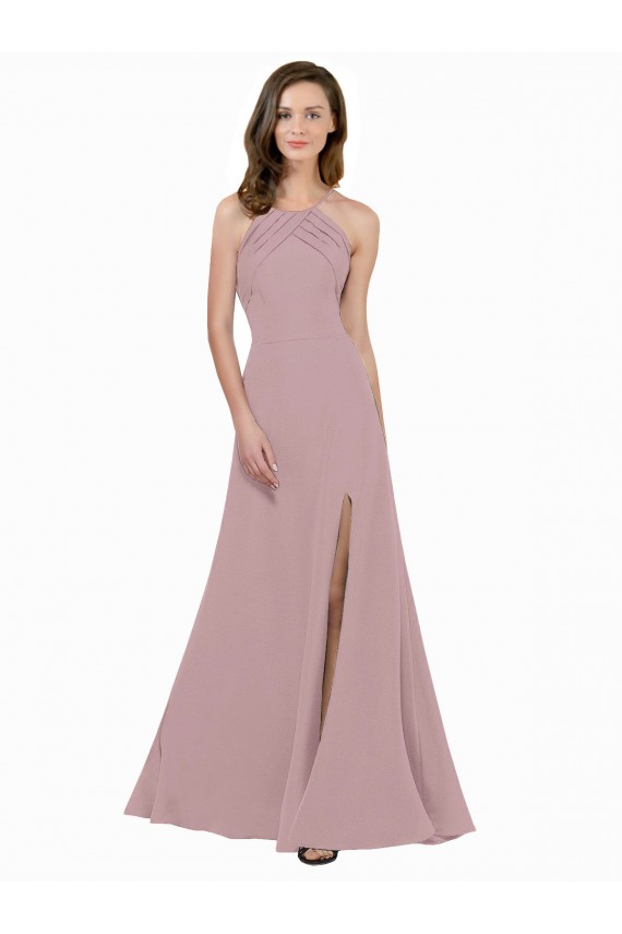 Sleeveless High Neck Stretch Crepe Dusty Pink A-Line Long Prom Dress / Bridesmaid Dress Adelaide