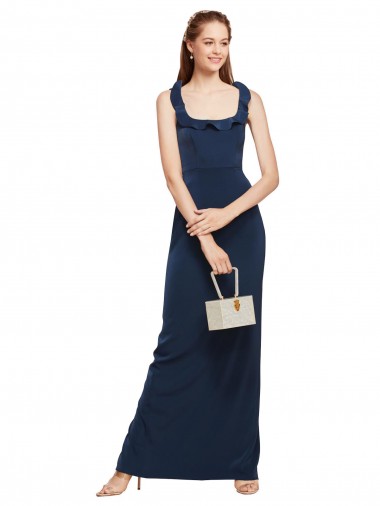 Sleeveless Scoop Neck Stretch Crepe Dark Navy Long Formal Evening Gown / Prom Dress / Bridesmaid Dress Adelaide