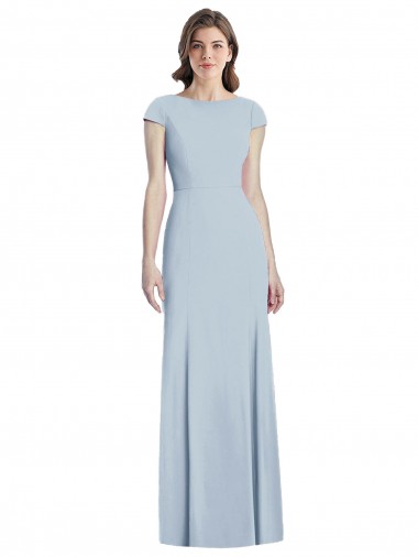 Cap Sleeves Bateau Neck Stretch Crepe Light Sky Blue Long Formal Dress / Bridesmaid Dress Adelaide