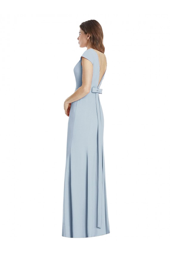Cap Sleeves Bateau Neck Stretch Crepe Light Sky Blue Long Formal Dress / Bridesmaid Dress Adelaide