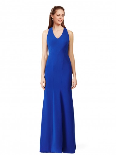 Sleeveless V-Neck Stretch Crepe Royal Blue Long Formal Evening Gown / Prom Dress / Bridesmaid Dress Adelaide