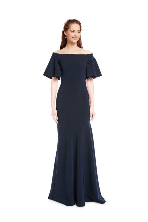 Short Sleeves Off the Shoulder Stretch Crepe Dark Navy Long Bridesmaid Dress / Formal Dress Adelaide