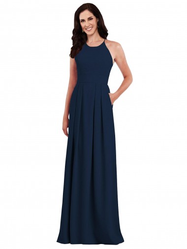 Sleeveless Halter Neck Stretch Crepe Dark Navy Long Semi Formal Evening Dress / Bridesmaid Dress Adelaide