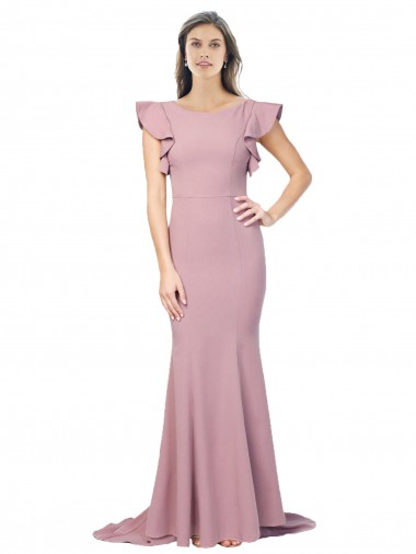 Flutter Sleeves Round Neck Stretch Crepe Dusty Pink Sweep Train Formal Evening Gown / Prom Dress / Bridesmaid Dress Adelaide