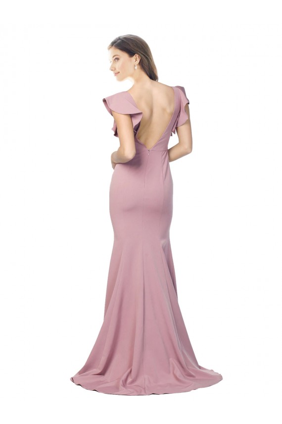 Flutter Sleeves Round Neck Stretch Crepe Dusty Pink Sweep Train Formal Evening Gown / Prom Dress / Bridesmaid Dress Adelaide