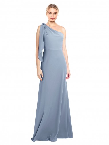 Flutter Sleeves One Shoulder Stretch Crepe Smoke Blue Long Formal Dress / Bridesmaid Dress Adelaide