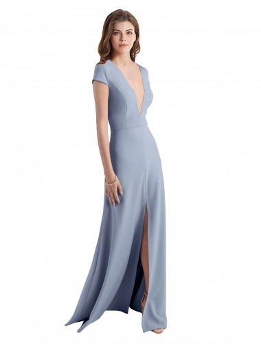 Cap Sleeves High Neck Stretch Crepe Smoke Blue Long Prom Dress / Bridesmaid Dress Adelaide