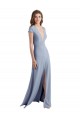 Cap Sleeves High Neck Stretch Crepe Smoke Blue Long Prom Dress / Bridesmaid Dress Adelaide