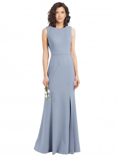 Sleeveless High Neck Stretch Crepe Smoke Blue Long Bridesmaid Dress Adelaide