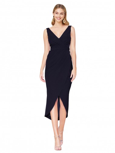 Sleeveless High Neck Stretch Crepe Dark Navy Knee Length High Low Evening Gown / Prom Dress / Bridesmaid Dress Adelaide