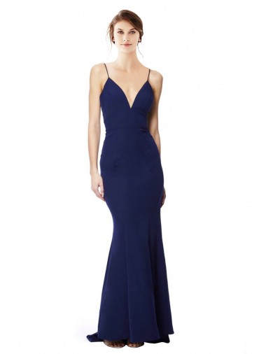 Sleeveless High Neck Stretch Crepe Navy Blue Long Formal Dress / Bridesmaid Dress Adelaide