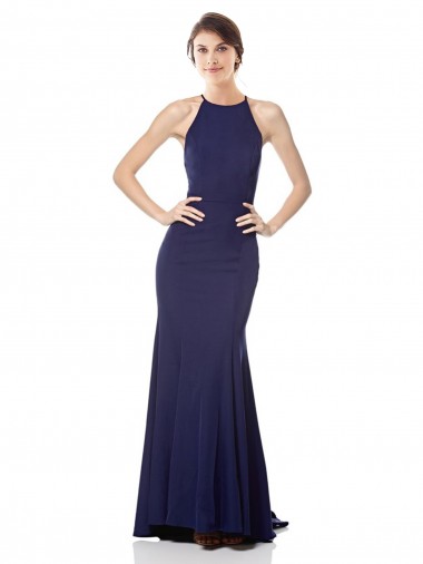 Sleeveless High Neck Stretch Crepe Navy Blue Long Bridesmaid Dress / Formal Dress Adelaide