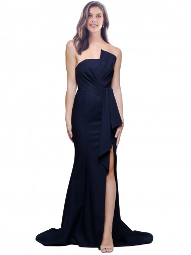 Sleeveless Strapless Stretch Crepe Dark Navy Sweep Train Semi Formal Evening Dress / Prom Dress / Bridesmaid Dress Adelaide