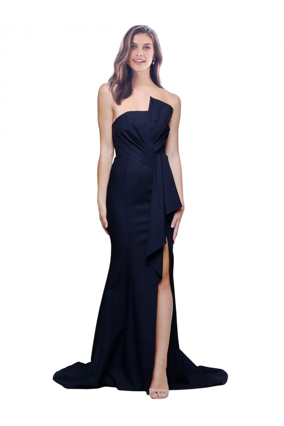 Sleeveless Strapless Stretch Crepe Dark Navy Sweep Train Semi Formal Evening Dress / Prom Dress / Bridesmaid Dress Adelaide
