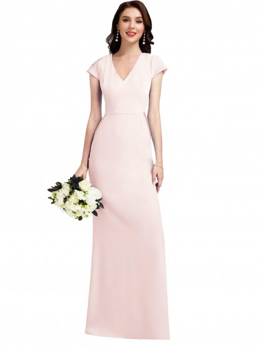 Cap Sleeves V-Neck Stretch Crepe Pink Long Formal Evening Gown / Prom Dress / Bridesmaid Dress Adelaide