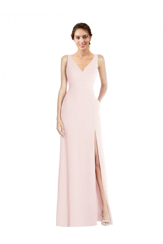 Sleeveless V-Neck Stretch Crepe Pink Long Black Tie Evening Dress / Prom Dress / Bridesmaid Dress Adelaide