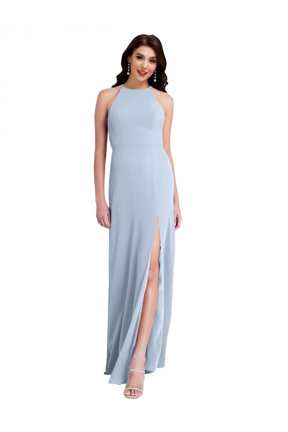 Sleeveless High Neck Stretch Crepe Light Sky Blue Sheath Long Formal Evening Gown / Prom Dress / Bridesmaid Dress Adelaide