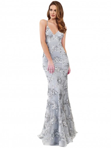 Sleeveless High Neck Stretch Crepe & Sequin Tulle Silver Long Formal Evening Gown / Prom Dress / Bridesmaid Dress Adelaide