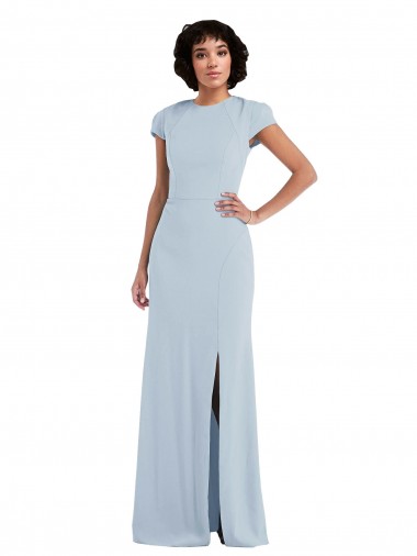 Cap Sleeves Jewel Neck Stretch Crepe Light Sky Blue Long Semi Formal Evening Dress / Bridesmaid Dress Adelaide