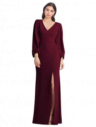Puff Sleeves V-Neck Stretch Crepe Burgundy Gold Long Semi Formal Evening Dress / Prom Dress / Bridesmaid Dress Adelaide