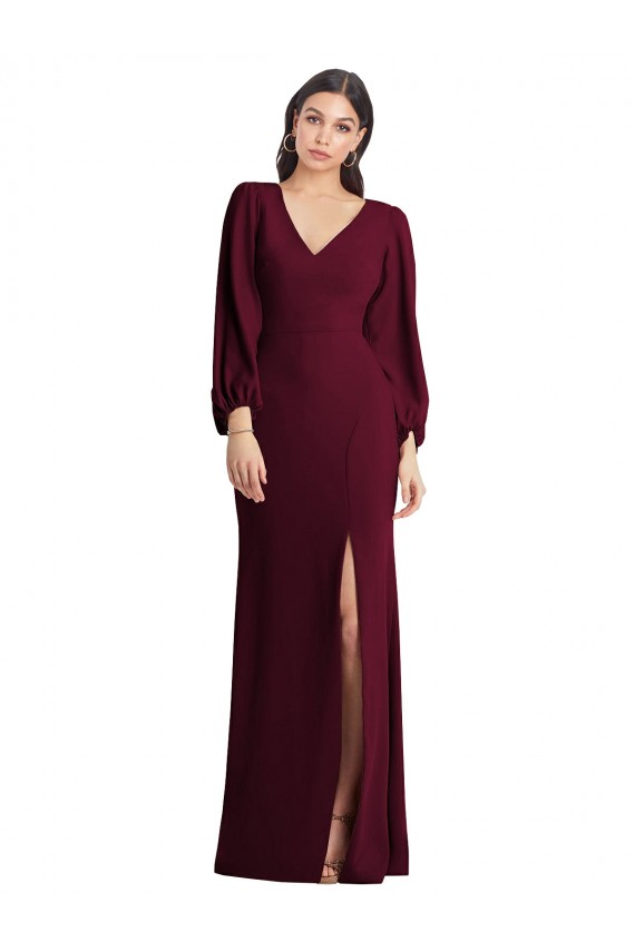 Puff Sleeves V-Neck Stretch Crepe Burgundy Gold Long Semi Formal Evening Dress / Prom Dress / Bridesmaid Dress Adelaide