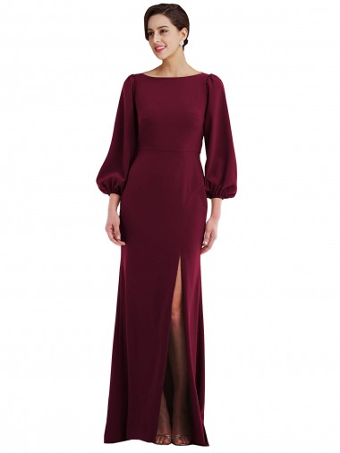 Long Sleeves Bateau Neck Stretch Crepe Burgundy Gold Long Formal Evening Gown / Prom Dress / Bridesmaid Dress Adelaide