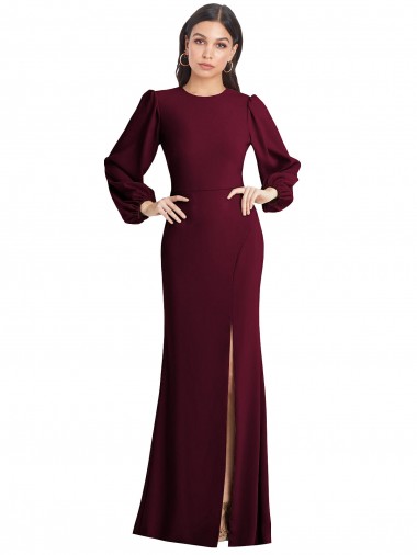 Puff Sleeves Bateau Neck Stretch Crepe Burgundy Gold Long Formal Dress / Bridesmaid Dress Adelaide