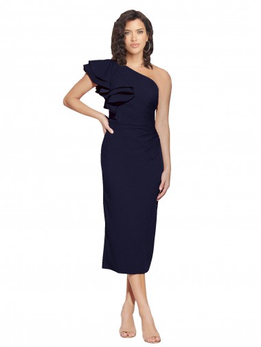 Sleeveless One Shoulder Stretch Crepe Dark Navy Midi Length Formal Evening Gown / Prom Dress / Bridesmaid Dress Adelaide