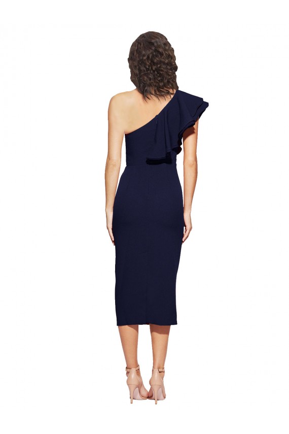 Sleeveless One Shoulder Stretch Crepe Dark Navy Midi Length Formal Evening Gown / Prom Dress / Bridesmaid Dress Adelaide