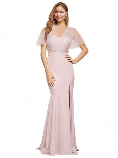 Short Sleeves Sweetheart Stretch Crepe & Tulle Mauve Long Formal Evening Gown / Prom Dress / Bridesmaid Dress Adelaide