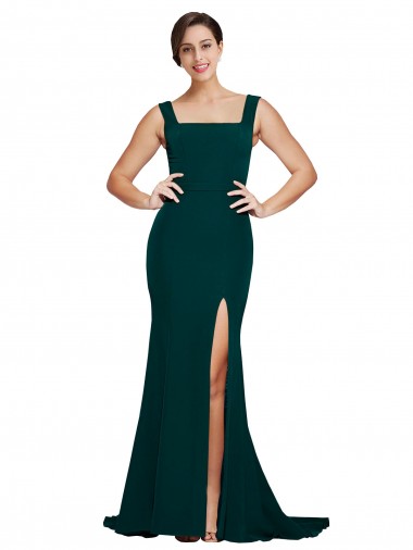 Sleeveless Square Neck Stretch Crepe Midnight Green Sweep Train Semi Formal Evening Dress / Prom Dress / Bridesmaid Dress Adelaide