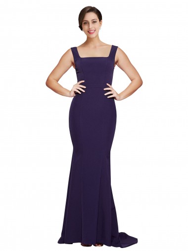 Sleeveless Square Neck Stretch Crepe Dark Navy Sweep Train Semi Formal Evening Dress / Prom Dress / Bridesmaid Dress Adelaide