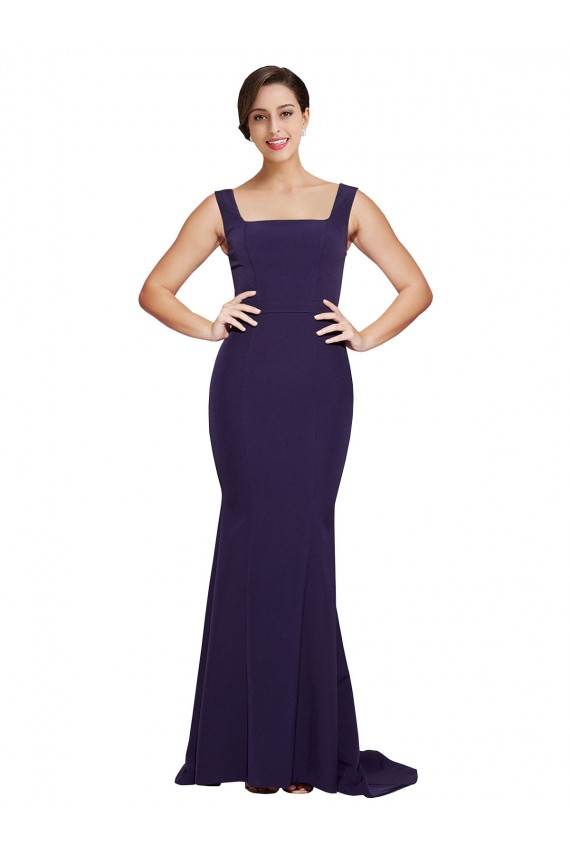 Sleeveless Square Neck Stretch Crepe Dark Navy Sweep Train Semi Formal Evening Dress / Prom Dress / Bridesmaid Dress Adelaide