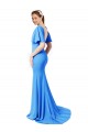 Short Sleeves V-Neck Stretch Crepe Peacock Blue Sweep Train Prom Dress / Bridesmaid Dress Adelaide