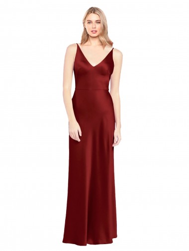 Sleeveless V-Neck Stretch Satin Burgundy Long Formal Evening Gown / Prom Dress / Bridesmaid Dress Adelaide