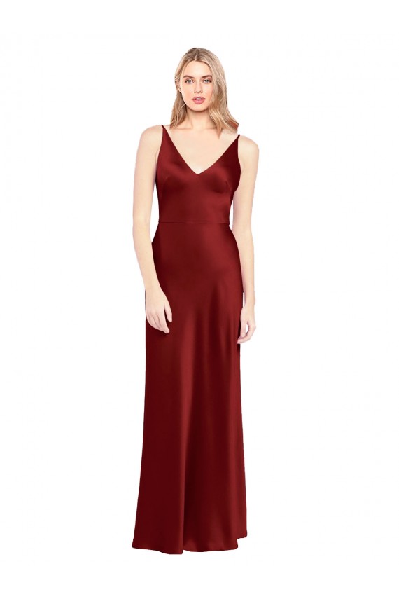 Sleeveless V-Neck Stretch Satin Burgundy Long Formal Evening Gown / Prom Dress / Bridesmaid Dress Adelaide