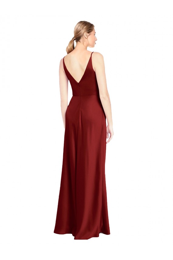 Sleeveless V-Neck Stretch Satin Burgundy Long Formal Evening Gown / Prom Dress / Bridesmaid Dress Adelaide