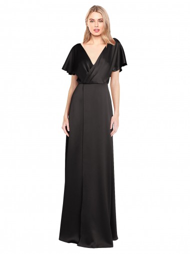 Cap Sleeves V-Neck Stretch Satin Black Long Bridesmaid Dress / Evening Dress Adelaide