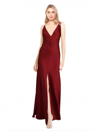 Sleeveless V-Neck Stretch Satin Burgundy Long Black Tie Evening Gown / Prom Dress / Bridesmaid Dress Adelaide