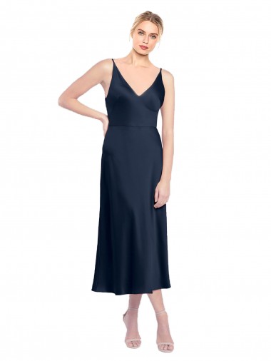 Sleeveless V-Neck Stretch Satin Dark Navy Midi Length Formal Evening Gown / Prom Dress / Bridesmaid Dress Adelaide